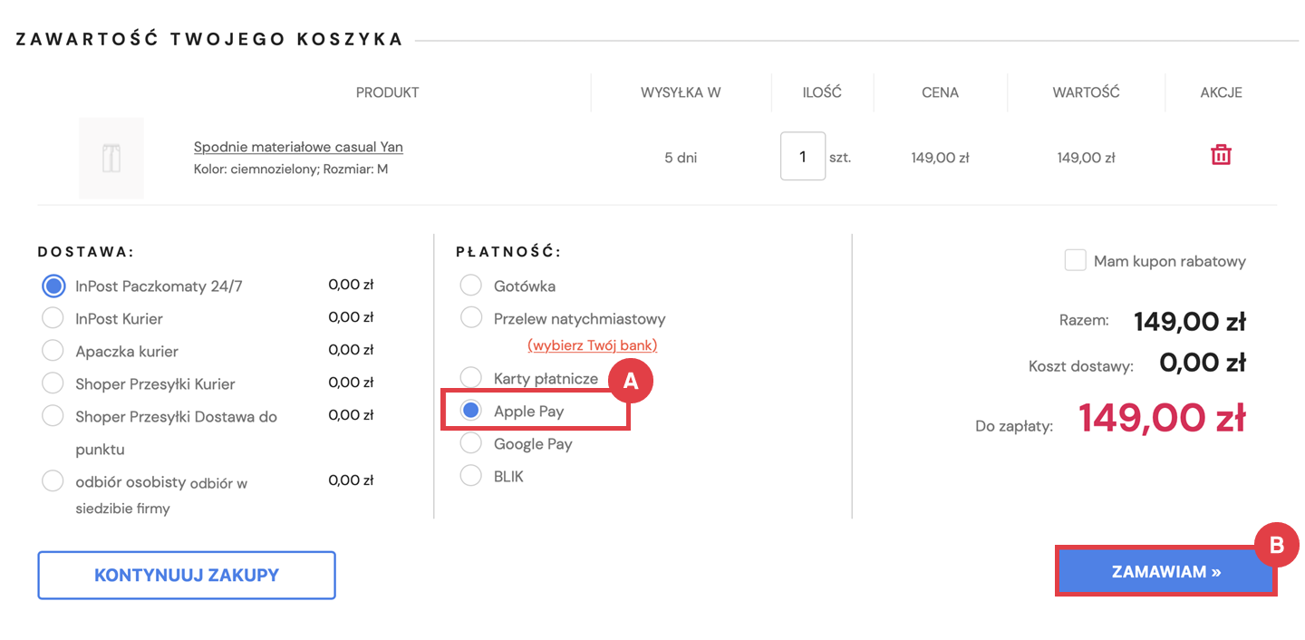 Wybierz Apple Pay na liście płatności w koszyku Sklep internetowy > Zawartość koszyka > Płatność > Apple Pay