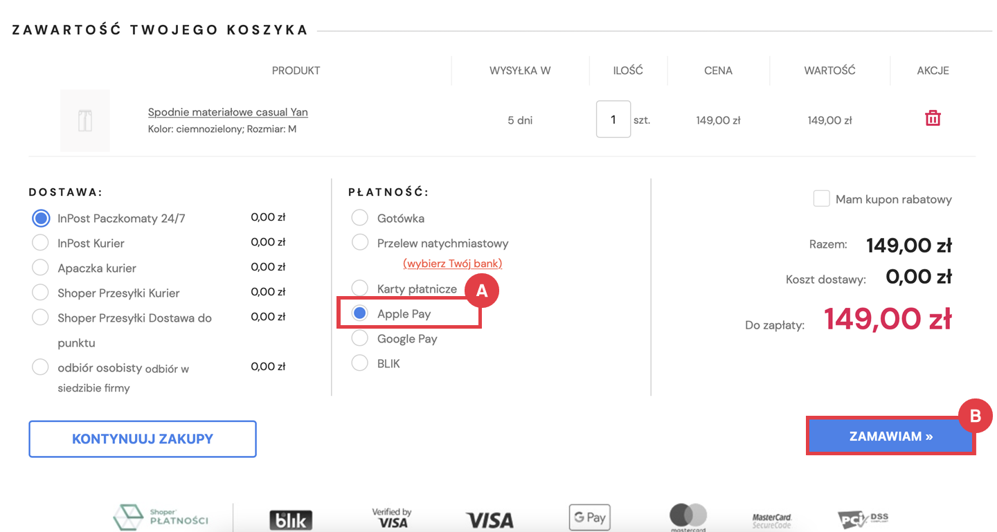 Wybierz Apple Pay na liście płatności w koszyku Sklep internetowy > Zawartość koszyka > Płatność > Apple Pay