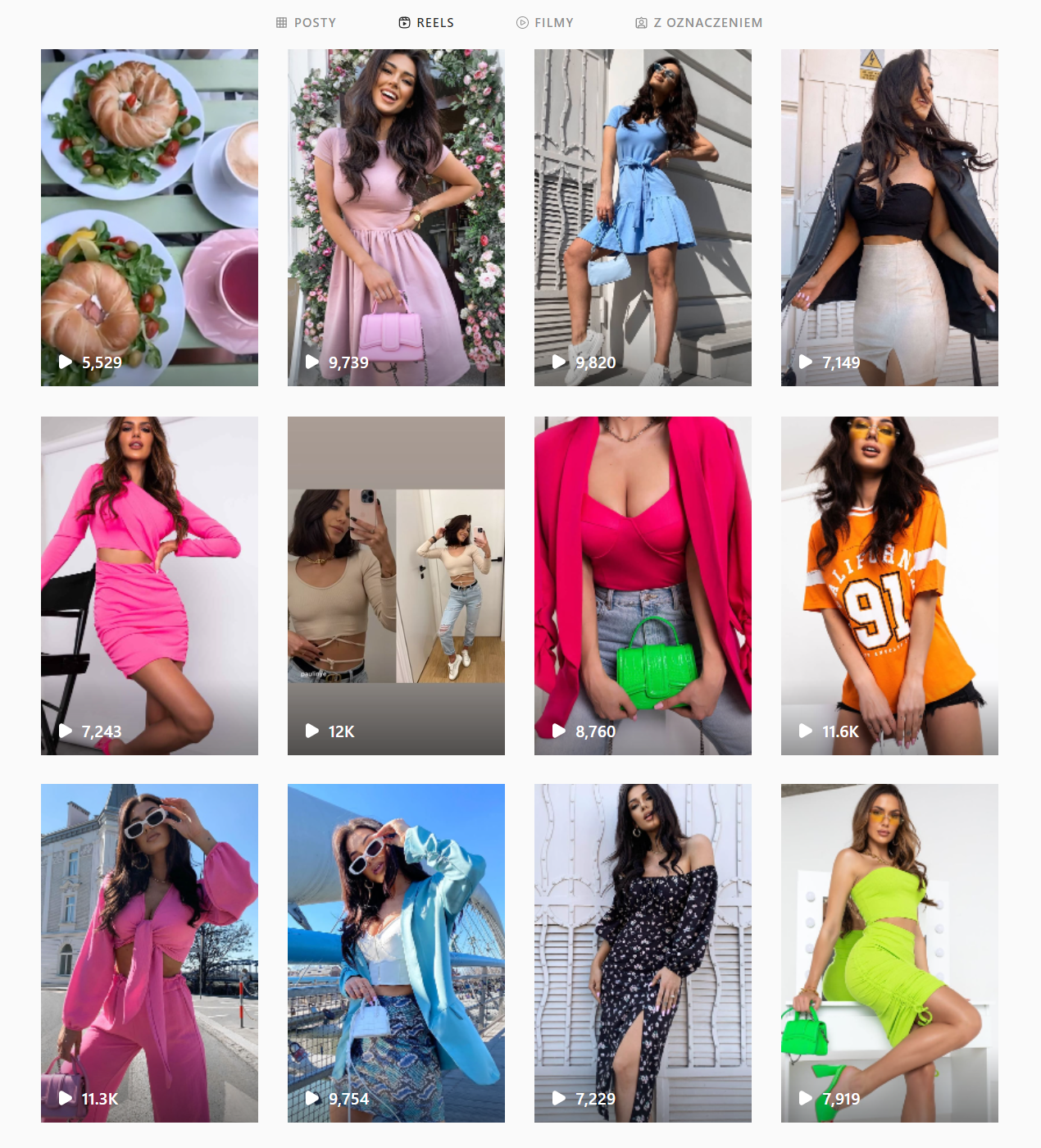Przykładowe rolki dla fanów sklepu odzieżowego Selfieroom Instagram > Konto Selfieroom > Reels