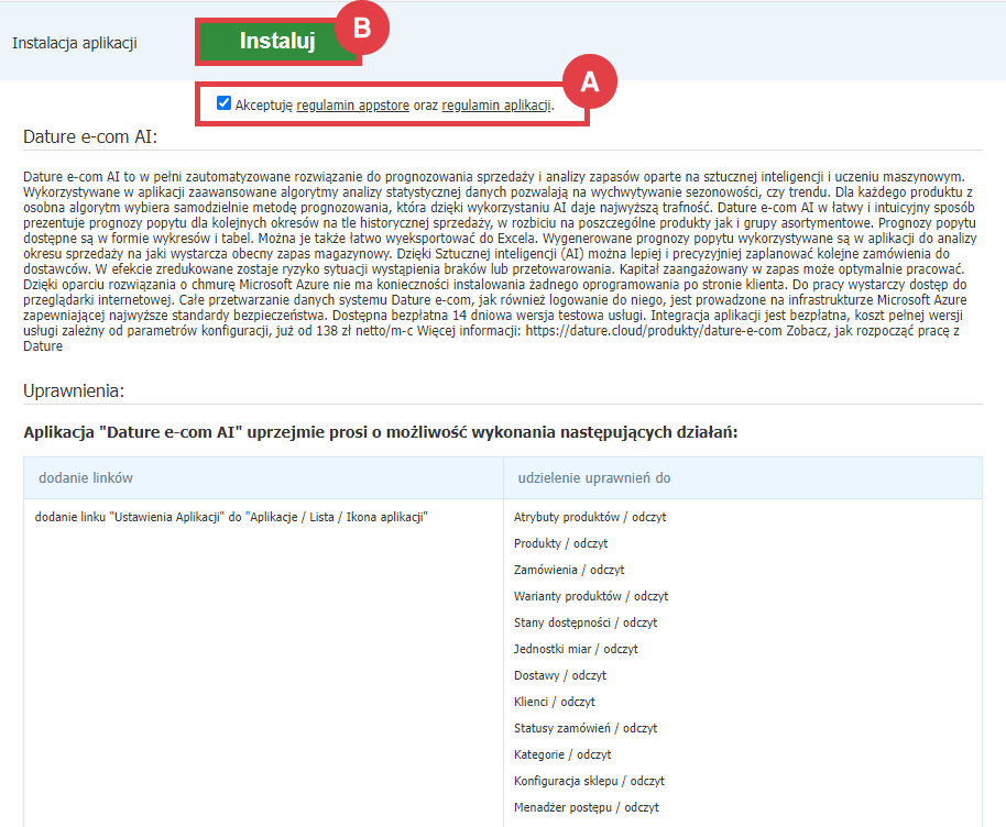 Panel administracyjny > Dodatki i integracje > Aplikacje > Dature e-com AI > Instalacja
