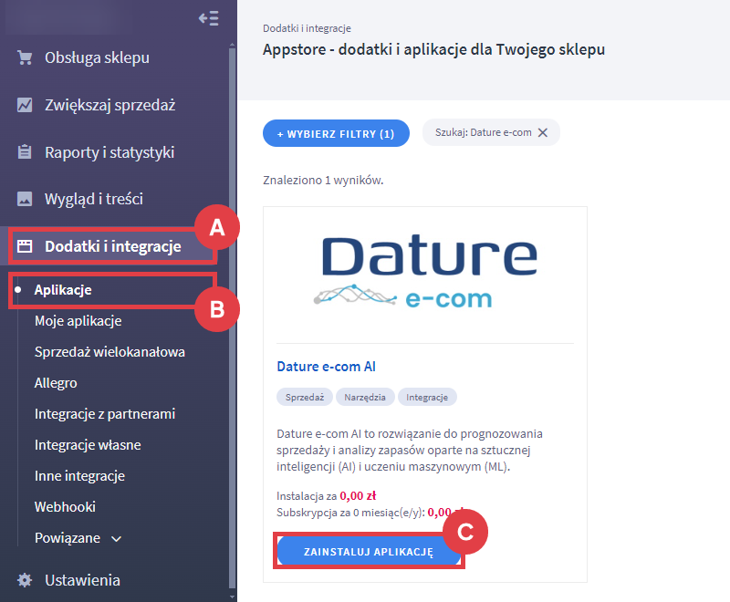 Panel administracyjny > Dodatki i integracje > Aplikacje > Dature e-com AI