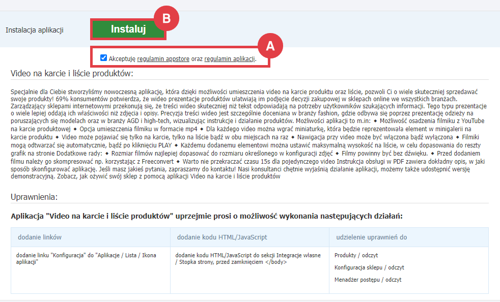 Panel administracyjny sklepu > Dodatki i integracje > Aplikacje > Video na karcie i liście produktów > Instalacja