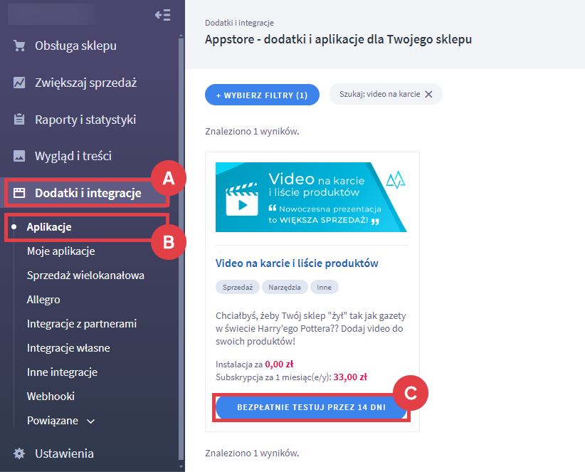 Panel administracyjny sklepu > Dodatki i integracje > Aplikacje > Video na karcie i liście produktów