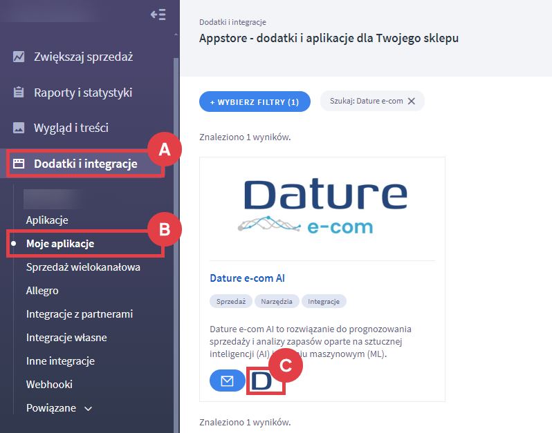 Panel administracyjny > Dodatki i integracje > Moje aplikacje > Dature e-com AI