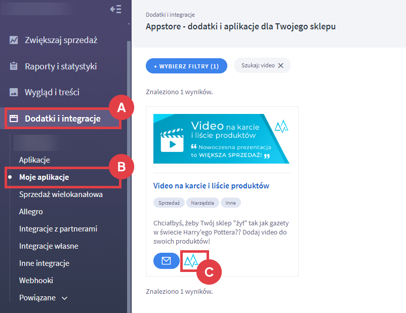 Panel administracyjny sklepu > Dodatki i integracje > Moje aplikacje > Video na karcie i liście produktów