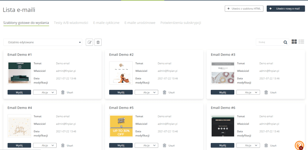Lista wiadomości e-mail (szablony) w aplikacji marketing automation