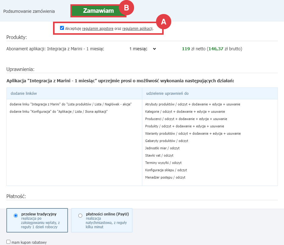 Panel administracyjny > Dodatki i integracje > Aplikacje > Integracja z Marini > Instalacja