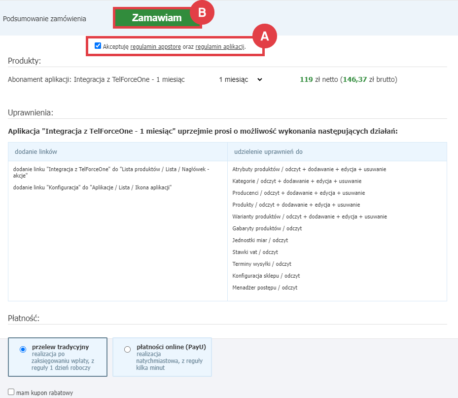 Panel administracyjny > Dodatki i integracje > Aplikacje > Integracja z TelForceOne > Instalacja