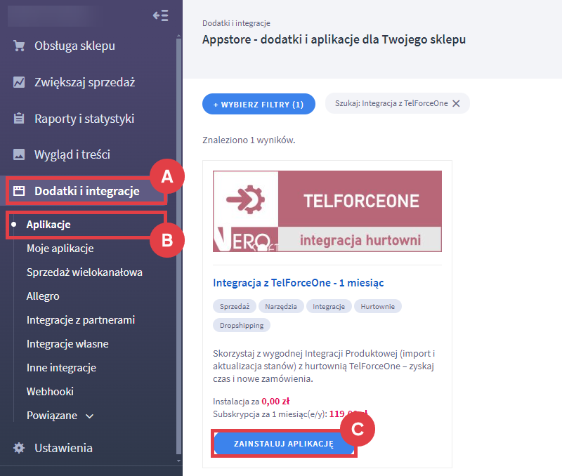 Panel administracyjny > Dodatki i integracje > Aplikacje > Integracja z TelForceOne