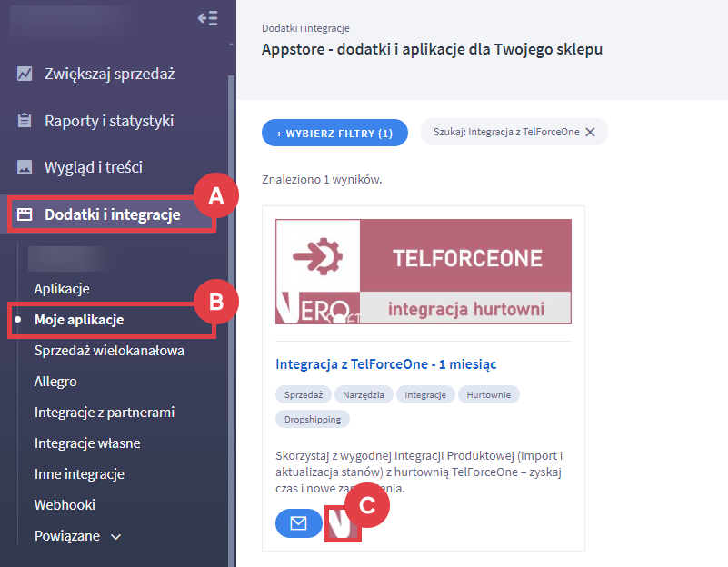 Panel administracyjny > Dodatki i integracje > Moje aplikacje > Integracja z TelForceOne