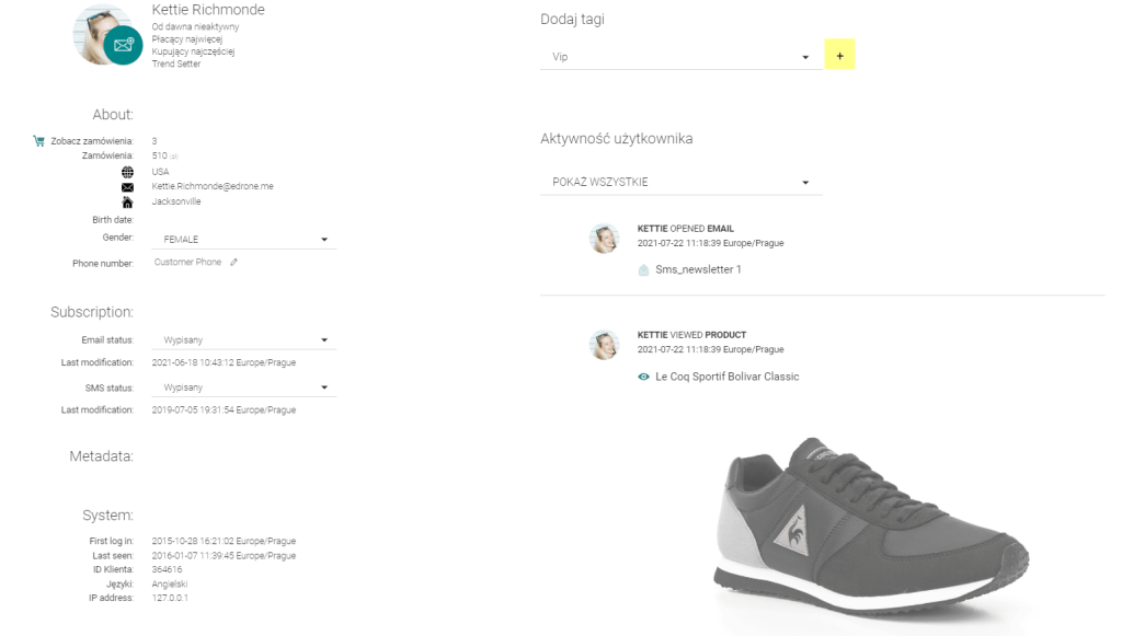 Przykład ekranu CRM aplikacji marketing automation Przykładowy CRM narzędzia automatyzacji marketingu