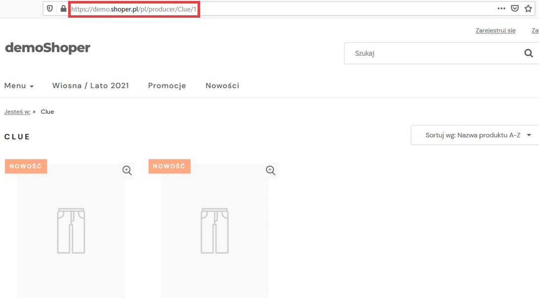 Przejdź na podstronę danego producenta produktów w sklepie Shoper Adres URL > Link do produktów producenta
