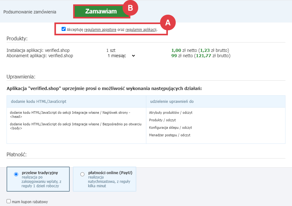 Panel administracyjny > Dodatki i integracje > Aplikacje > verified.shop > Instalacja