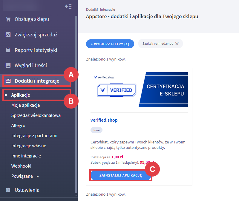 Panel administracyjny > Dodatki i integracje > Aplikacje > verified.shop