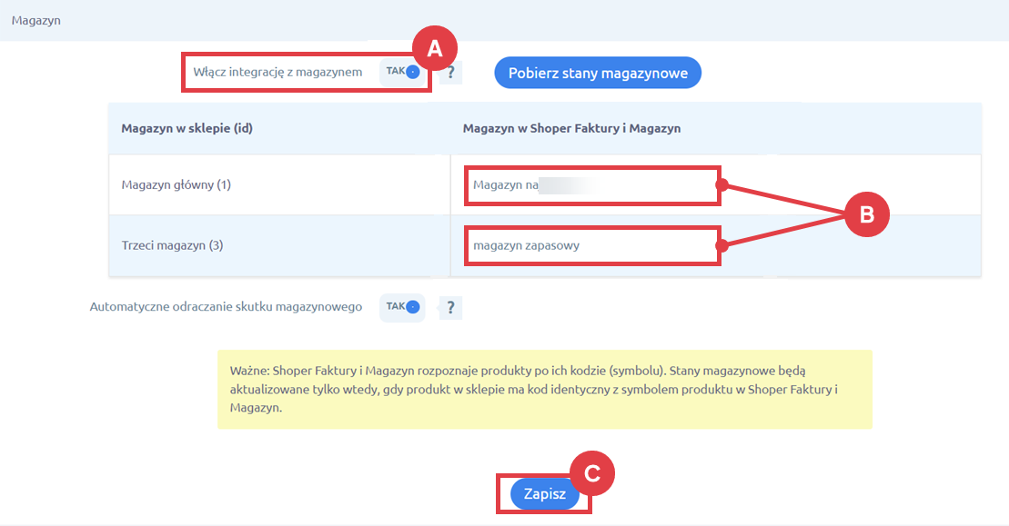 Przypisz odpowiednio magazyny z programu Shoper Faktury i Magazyn Panel administracyjny sklepu > Dodatki i integracje > Moje aplikacje > Shoper - Faktury i Magazyn > Konfiguracja > Magazyn