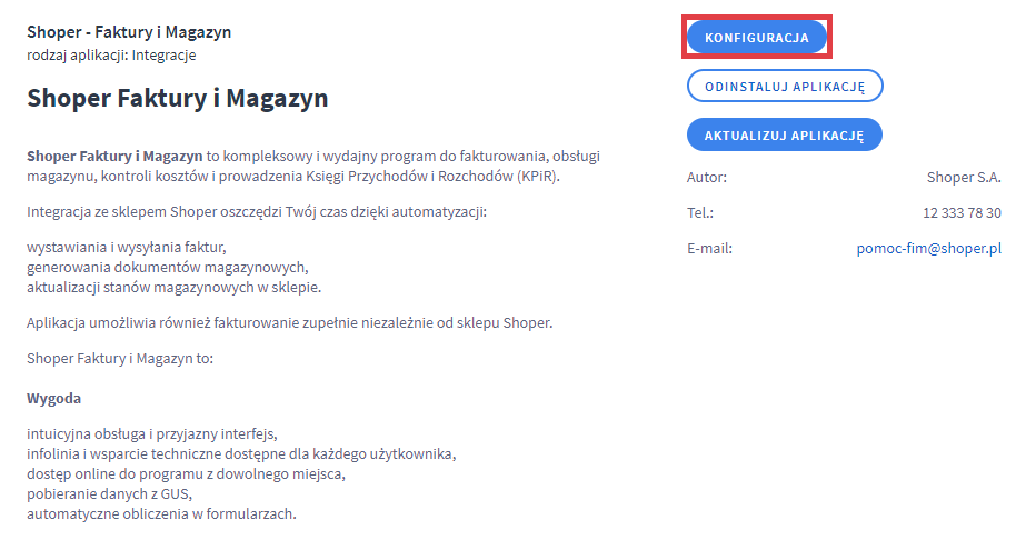 Panel administracyjny sklepu > Dodatki i integracje > Moje aplikacje > Shoper - Faktury i Magazyn > Konfiguracja