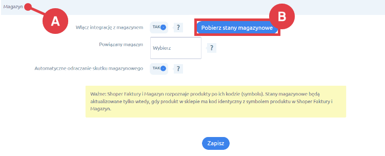 Pobierz stany magazynowe w aplikacji Shoper Faktury i Magazyn Integracja z Shoper Faktury i Magazyn > Konfiguracja > Magazyn > Pobieranie stanów magazynowych