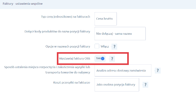 Panel administracyjny sklepu > Dodatki i integracje > Moje aplikacje > Shoper Faktury i Magazyn > Konfiguracja > Faktury - ustawienia wspólne > OSS