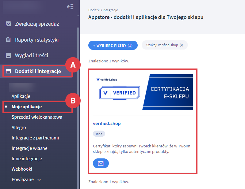 Panel administracyjny > Dodatki i integracje > Moje aplikacje > verified.shop