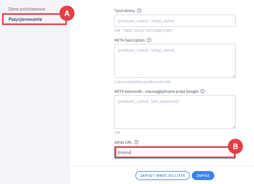 Utwórz przyjazny adres URL dla producenta w zakładce: Pozycjonowanie Panel administracyjny sklepu > Obsługa sklepu > Producenci > Edycja > Pozycjonowanie > Adres URL