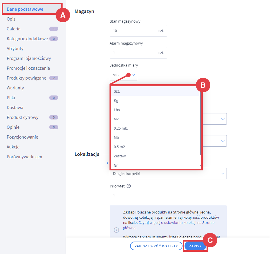 Panel administracyjny sklepu > Obsługa sklepu > Produkty > Edycja > Dane podstawowe > Jednostka miary