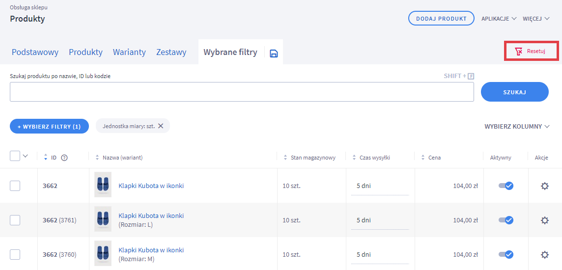 Panel administracyjny sklepu > Obsługa sklepu > Produkty > Filtry > Resetowanie
