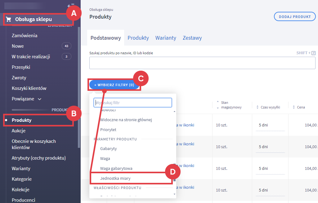 Panel administracyjny sklepu > Obsługa sklepu > Produkty > Filtry > Jednostka miary