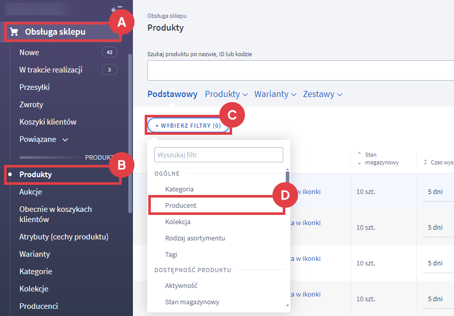 Panel administracyjny sklepu > Obsługa sklepu > Produkty > Filtry > Producent