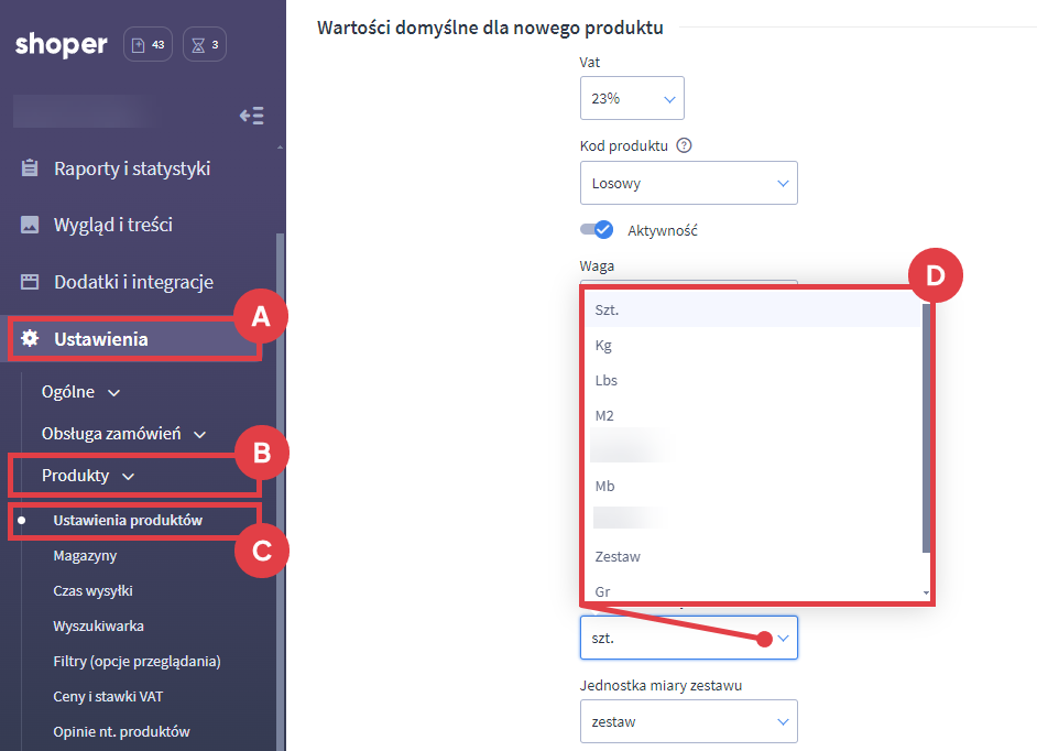 Panel administracyjny sklepu > Ustawienia > Produkty > Ustawienia produktów > Wartości domyślne dla nowego produktu