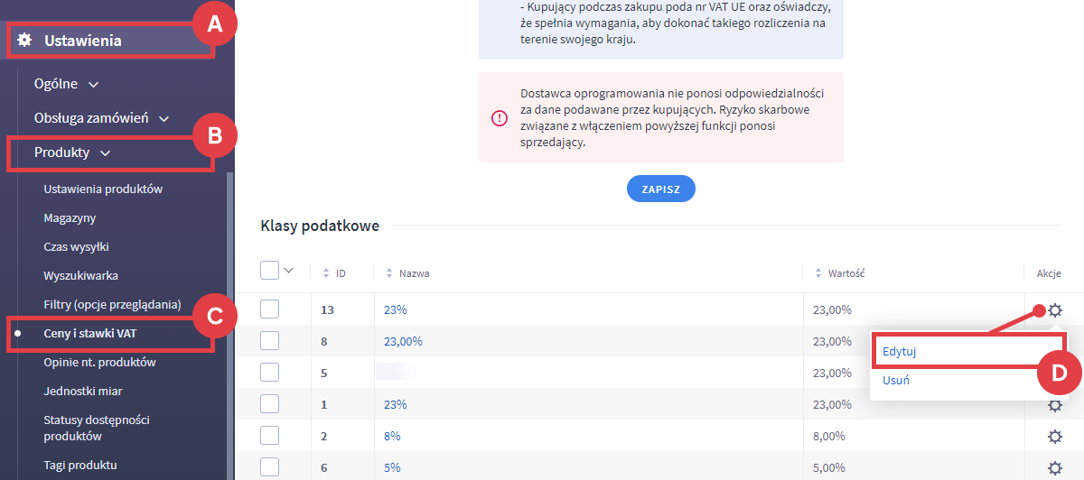 Panel administracyjny sklepu > Ustawienia > Produkty > Ceny i stawki VAT > Klasy podatkowe > Edycja