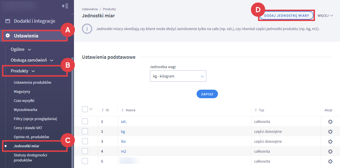 Panel administracyjny sklepu > Ustawienia > Produkty > Jednostki miar > Dodawanie