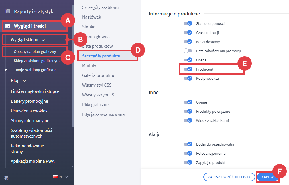 Włącz wyświetlanie nazwy producenta w szczegółach produktu na stronie sklepu internetowego Shoper Panel administracyjny sklepu > Wygląd i treści > Wygląd sklepu > Obecny szablon graficzny > Szczegóły produktu > Informacje o produkcie > Producent