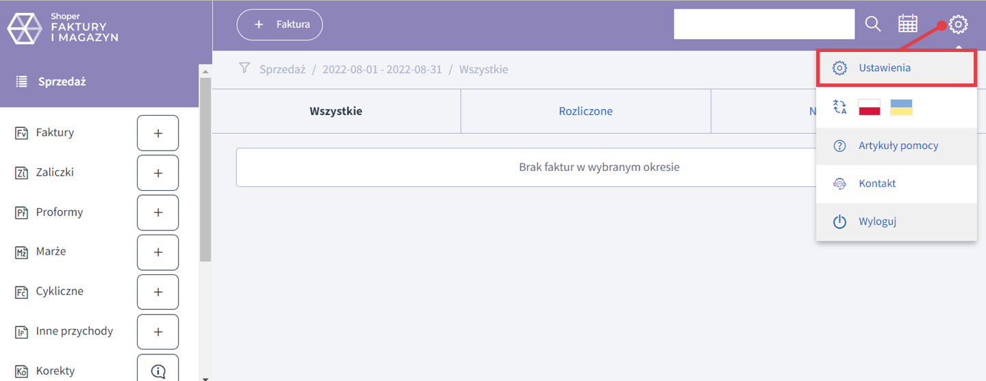 Panel klienta Shoper Faktury i Magazyn > Ustawienia