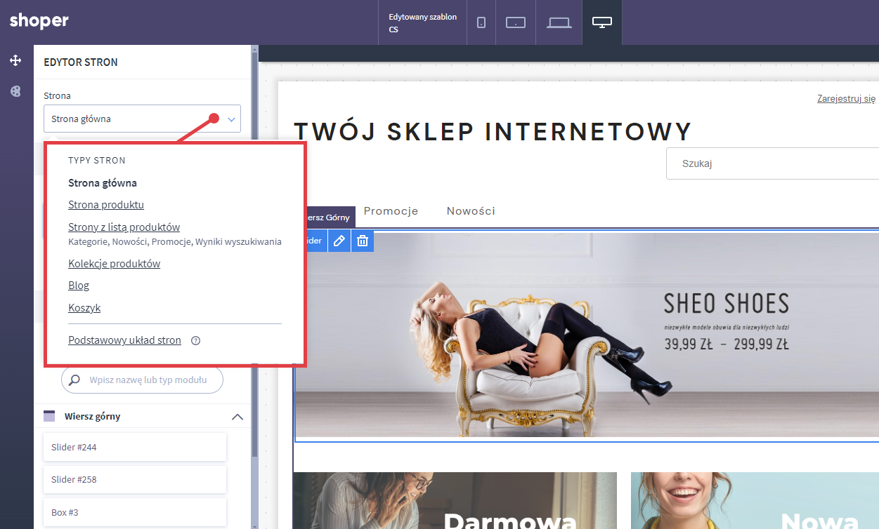 Wybierz z listy typ strony, na której chcesz wprowadzać zmiany Shoper Visual Editor > Typy stron