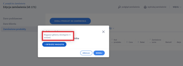 Wybierz z którego magazynu będzie pobierany zamówiony produkt Panel administracyjny sklepu > Obsługa sklepu > Zamówienia > Edycja zamówienia > Zamówione produkty > Magazyn