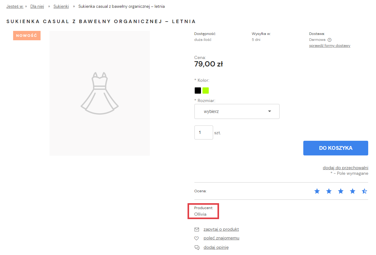 Widok karty produktu z informacją o producencie w sklepie internetowym Shoper Strona sklepu internetowego Shoper > Karta produktu > Producent