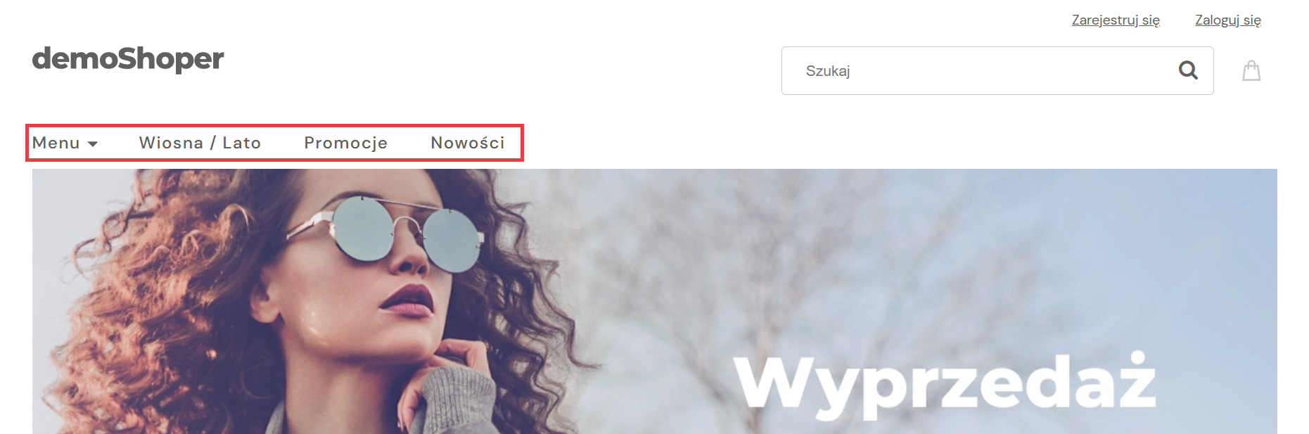 Zobacz jak wyświetlają się przykładowe linki w nagłówku Podgląd strony sklepu Shoper > Nagłówek