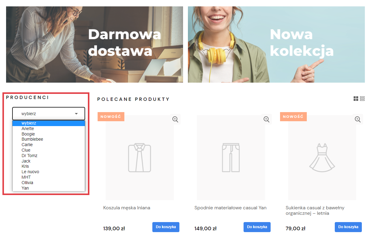 Strona sklepu Shoper > Moduł Producenci