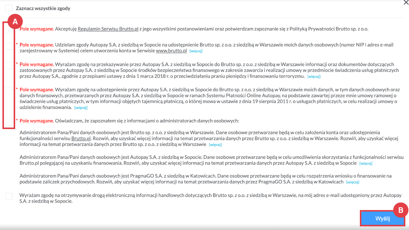 Zaznacz wszystkie wymagane zgody dla przygotowania oferty pożyczki Brutto > Finansowanie sklepu internetowego Shoper > Oferta > Zgody