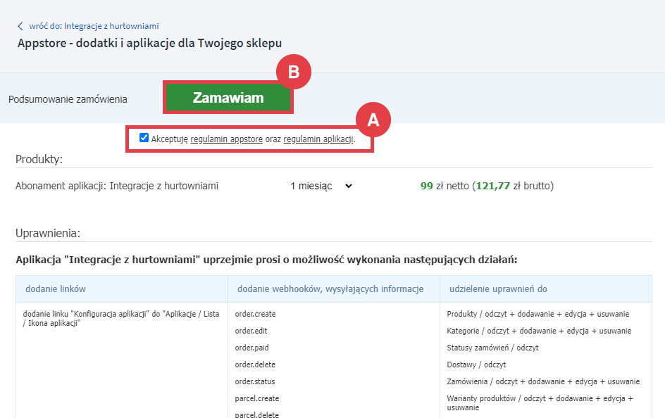 Zaakceptuj regulaminy i rozpocznij instalację aplikacji Integracja z hurtowniami Panel administracyjny sklepu > Dodatki i integracje > Aplikacje > Integracje z hurtowniami > Instalacja