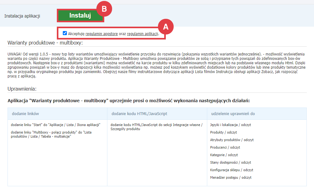 Panel administracyjny sklepu > Dodatki i integracje > Aplikacje > Warianty produktowe - multiboxy > Instalacja
