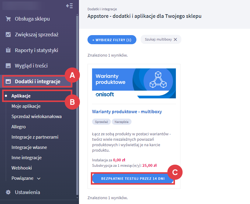 Panel administracyjny sklepu > Dodatki i integracje > Aplikacje > Warianty produktowe - multiboxy
