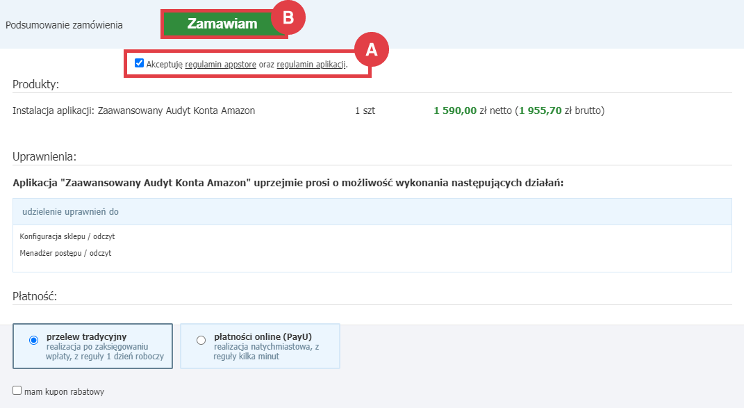 Zamów audyt swojego konta Amazon na platformie sklepowej Shoper Panel administracyjny sklepu > Dodatki i integracje > Aplikacje > Zaawansowany Audyt Konta Amazon > Zamawianie