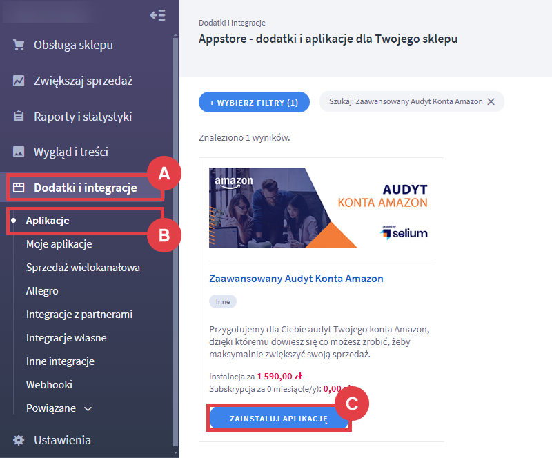 Zainstaluj aplikację Zaawansowany Audyt Konta Amazon, by dowiedzieć się jak zwiększyć swoją sprzedaż Panel administracyjny sklepu > Dodatki i integracje > Aplikacje > Zaawansowany Audyt Konta Amazon