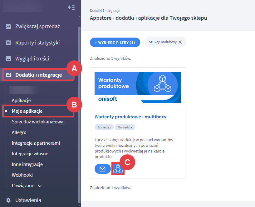 Panel administracyjny sklepu > Dodatki i integracje > Moje aplikacje > Warianty produktowe - multiboxy