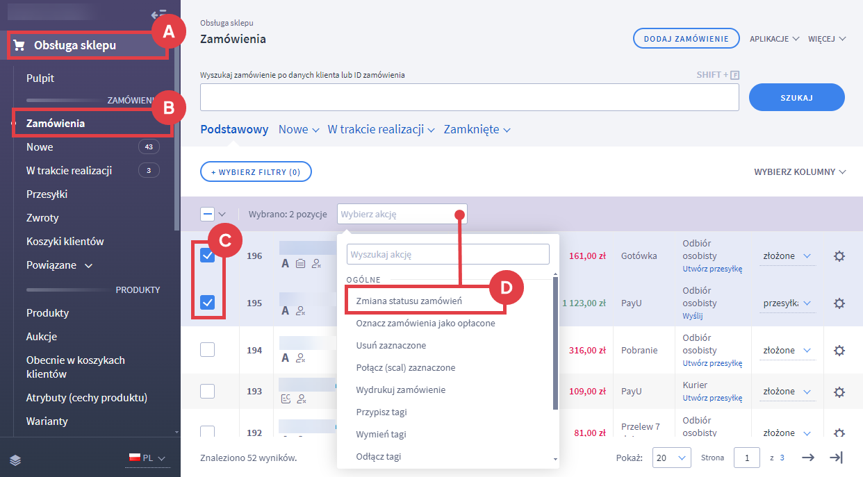 Panel administracyjny sklepu > Obsługa sklepu > Zamówienia > Zmiana statusu zamówienia