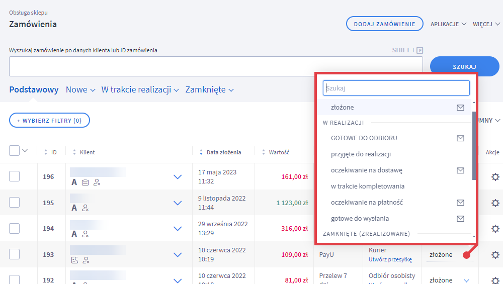 Menu Panelu administracyjnego sklepu Obsługa sklepu > Zamówienia
