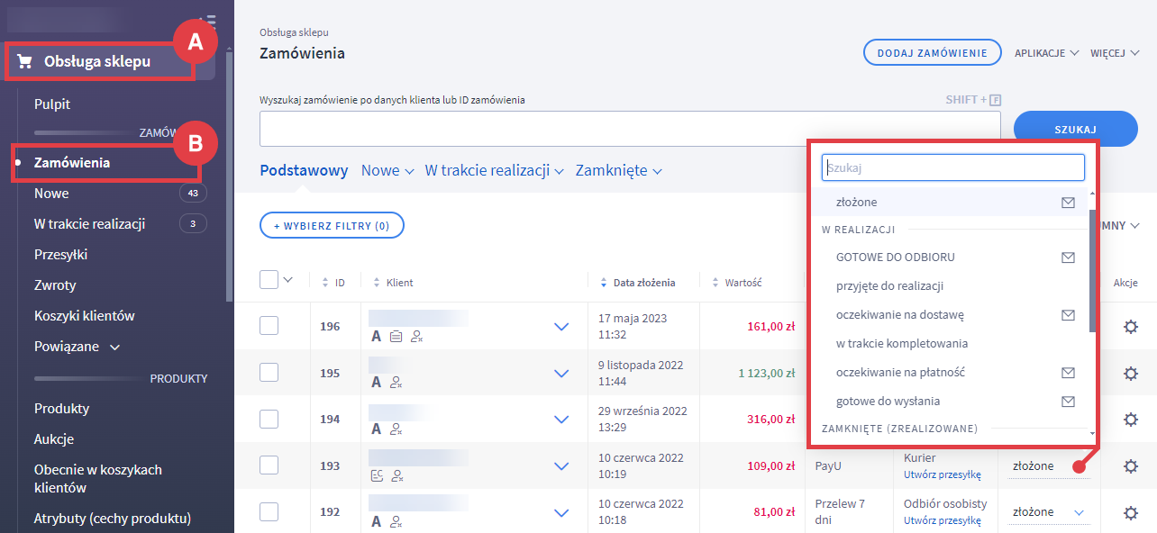 Menu Panelu administracyjnego sklepu Obsługa sklepu > Zamówienia
