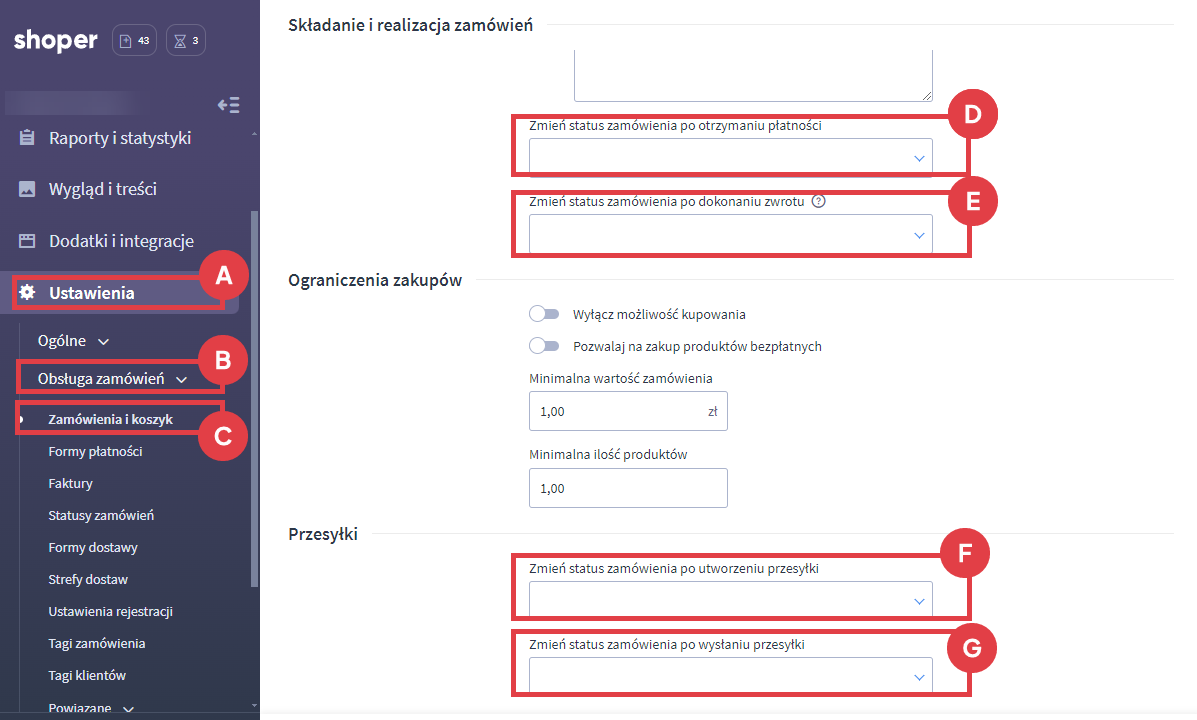 Panel administracyjny sklepu > Ustawienia > Obsługa zamówień > Zamówienia i koszyk