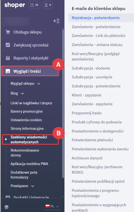 Lista wiadomości automatycznych do klientów sklepu Panel administracyjny > Wygląd i treści > Szablony wiadomości automatycznych